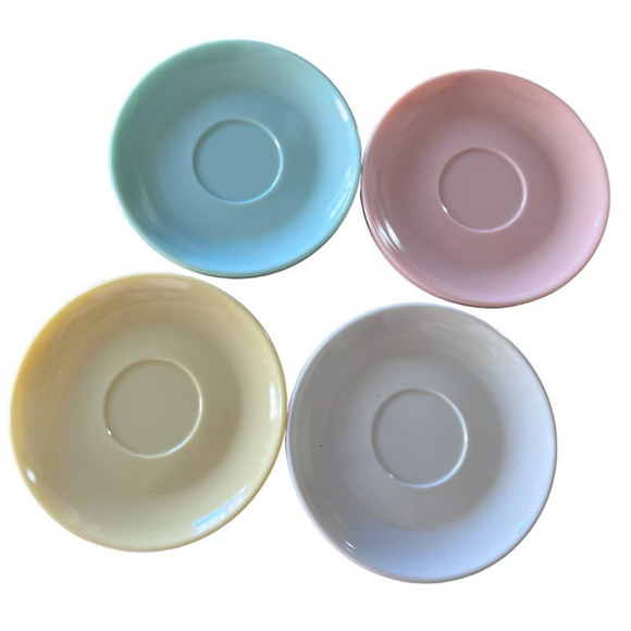 Vintage MCM Watertown Lifetime WARE Saucer Set 6 Blue Pink Yellow White Retro - Picture 2 of 7